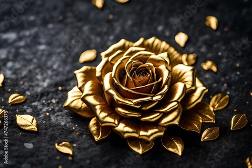 Gold-plated rose symbol set against a backdrop of granite stone. An emblem of unending love. Roses Are a Sign of Life
