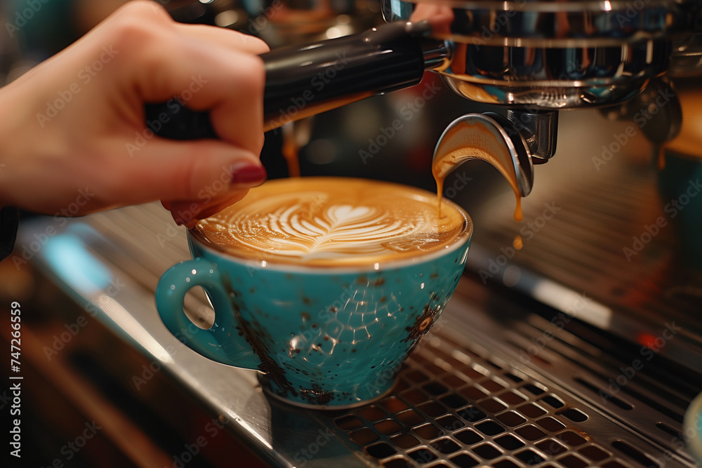 An espresso machine expertly pouring steamed milk into a coffee cup to create a perfect latte at a trendy coffee shop.
