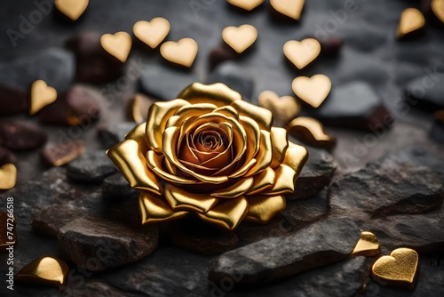 Gold Plated Rose Symbol On Granite Stone Background. A Symbol Of Eternal Love. Roses Symbolize Life