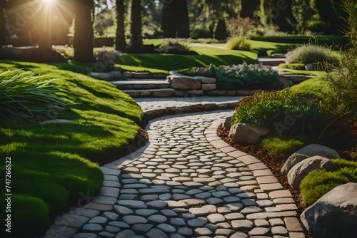 Grass growing up between the stones of a garden path. An illustration of a botanical garden