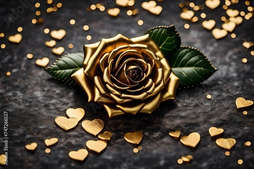 Granite stone background with a gold-plated rose symbol. A Sign Of Everlasting Love. Roses are a sign of life