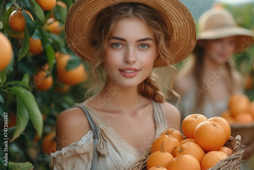 Young woman in a straw hat holding oranges, lush orchard.