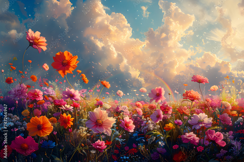 A field of colorful blooming flowers with a gentle breeze and rainbow.
