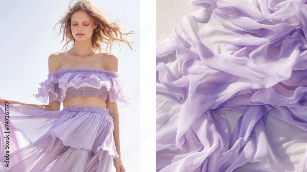 A flirty offtheshoulder top paired with a flowy midi skirt in a soft lavender hue creates a dreamy and feminine look. - obrazy, fototapety, plakaty 