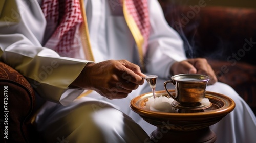 Close-up of an Arab man with a cup of coffee.