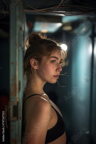 A young woman with her hair up is posing thoughtfully in a dimly lit room with a mirror reflecting soft light onto her face.
