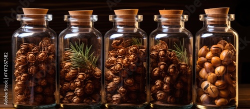 A row of clear glass bottles filled with cedar nuts, which are stored with cedar oil. The nuts are neatly organized in the bottles, creating a visually appealing display.