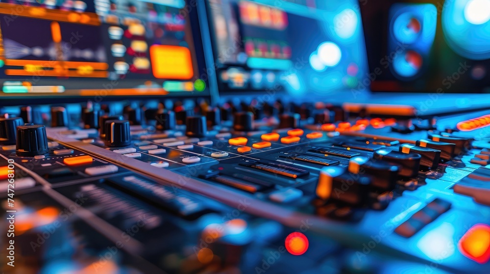 Modern Music Record Studio Control Desk with Laptop Screen Showing User Interface of Digital Audio Workstation Software. Equalizer, Mixer and Professional Equipment. Faders, Sliders. Record.