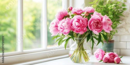 A bouquet of pink peonies in a glass vase on a windowsill with copy space. © oliamogdaleva
