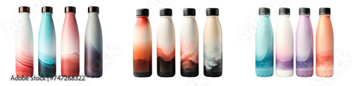 Close-up of colorful reusable, steel thermo water bottles. Zero waste. Say no to plastic disposable bottle. Environment concept.  isolated on a transparent background. PNG, cutout, or clipping path.	
 photo