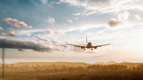 Billede på lærred plane in flight descending to the airport runway at sunrise with clear skies and
