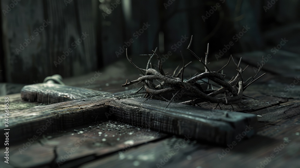wooden cross and crown of thorns - obrazy, fototapety, plakaty 