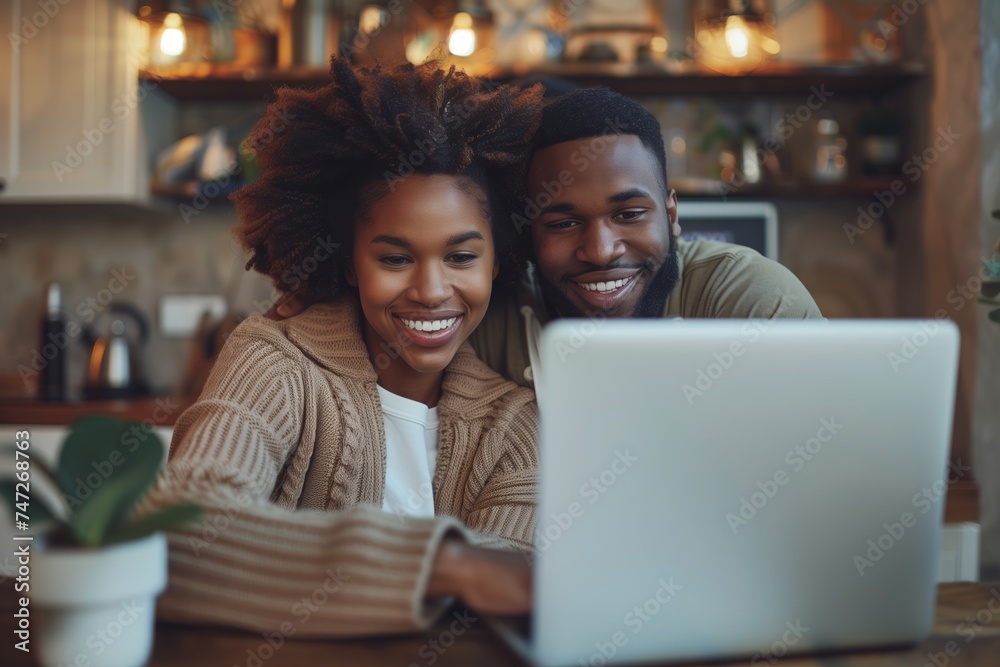 Young cheerful couple using a laptop together at home, possibly shopping online, planning a trip or studying, showcasing shared digital experiences.