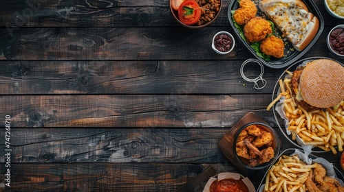 Buffet table scene of take out or delivery foods. Pizza, hamburgers, fried chicken and sides. Above view on a dark wood background