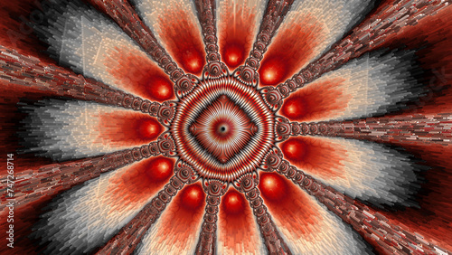 bright red floral fantasy pattern petal pattern around central motif