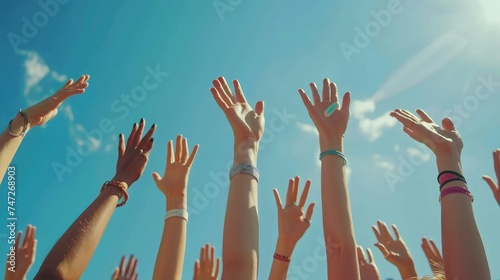 Close up many female hands raised up against blue sky. Friendly team. Gestures, symbols and signs. Participation in public vote. Swing arms to beat of music in dance. Sunny summer outdoor nature. photo