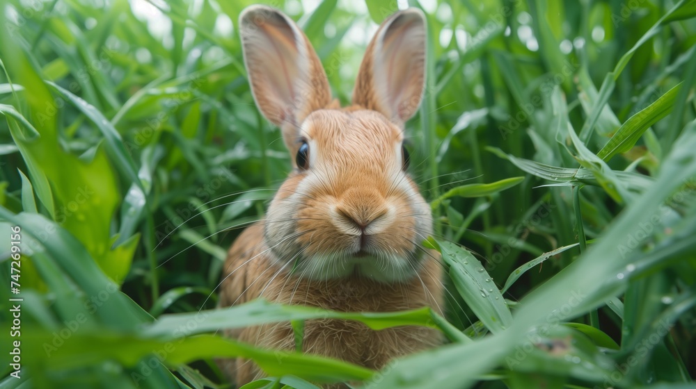 Fototapeta premium Vigilant rabbit peeks through vibrant green leaves, blending into nature's backdrop.