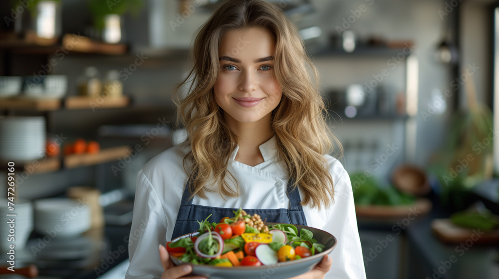 Smiling female chef presenting a vibrant salad bowl, showcasing healthy eating and culinary passion.