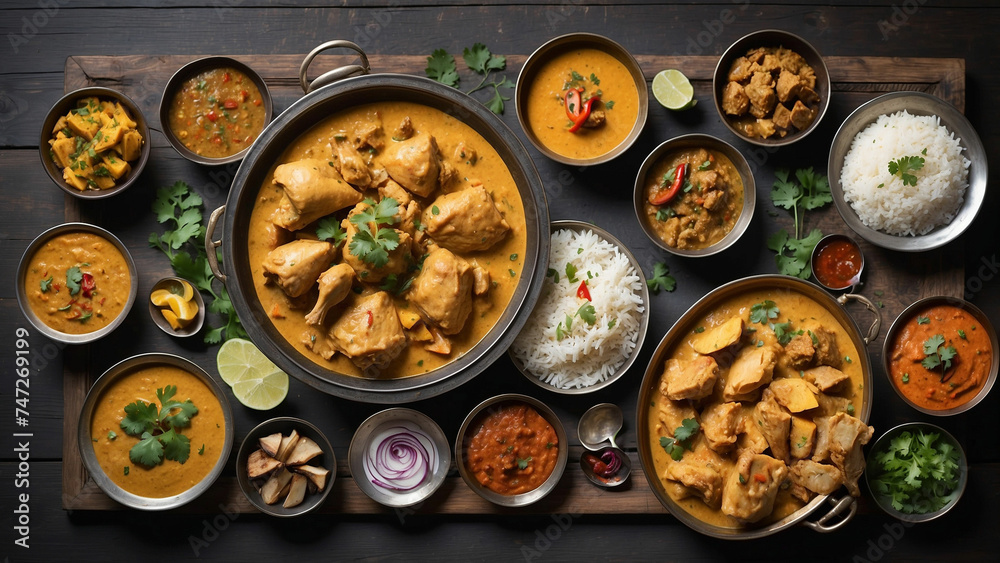 A top view of a meticulously prepared Chicken Korma reveals layers of complex flavors and textures, creamy sauce on a dark wooden table, the dish is framed by an assortment of vibrant Indian condiment