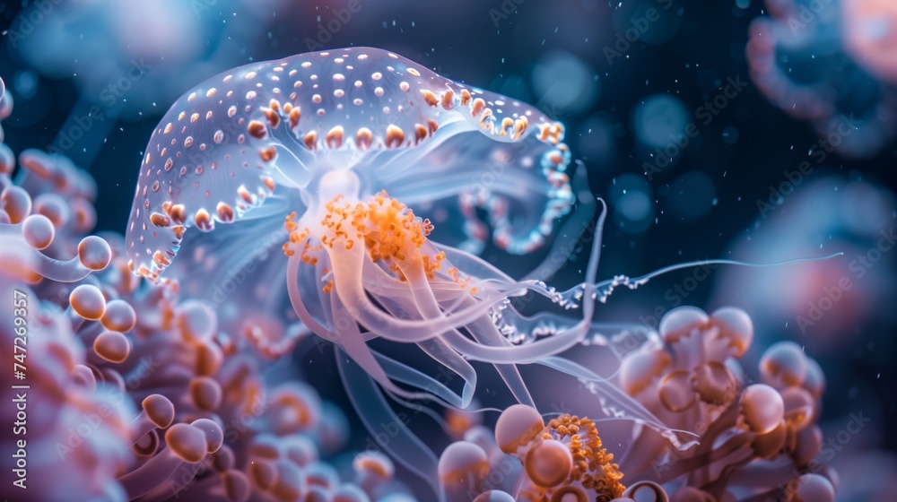 Luminous jellyfish floating elegantly in the dark depths of the ocean, with a mystical glow. Luminous jellyfish floating elegantly in the dark depths of the ocean, with a mystical glow.