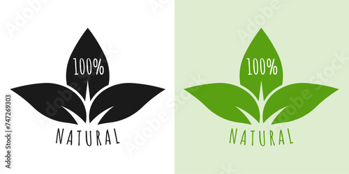 Natural icon or logo with leaf. 100% organic, bio, eco product. Green label with leaves. Vector illustration.