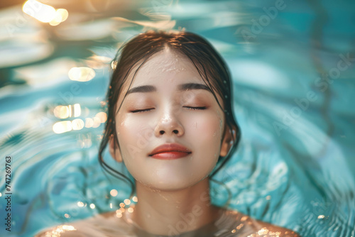 Young happy Asian woman relaxing with eyes closed in swimming pool