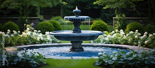 A stone fountain designed to resemble an antique, with flowing blue water, set in a garden surrounded by white flowers.