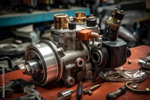 Detailed image of a starter solenoid amidst a cluttered mechanic's workspace
