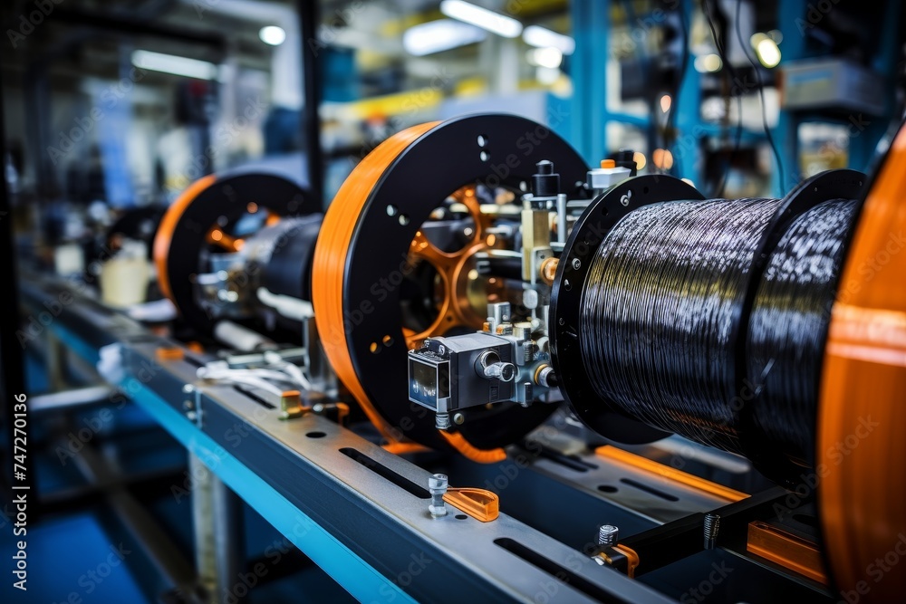 Fototapeta premium Detailed view of a coaxial cable core amidst other components in an industrial workspace