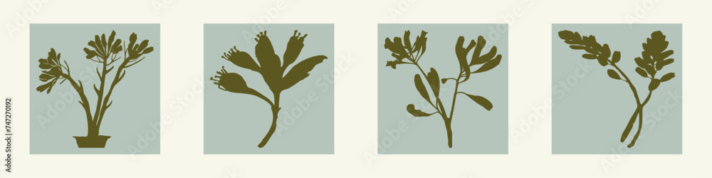 Obraz premium Handmade linocut wildflower set vector motif clipart in whimsical scandi style. Folkart simple block print sprig shapes with woodcut effect collection.