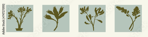 Handmade linocut wildflower set vector motif clipart in whimsical scandi style. Folkart simple block print sprig shapes with woodcut effect collection.