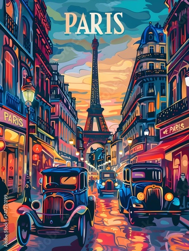 a travel poster showing a Paris street in the 1920's . The word " PARIS " is written on it . Vibrant colours , distinct framing , colorful imagery
