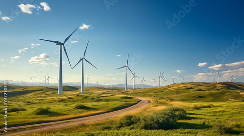 wind turbines on landscape with renewable and sustainable energy concept