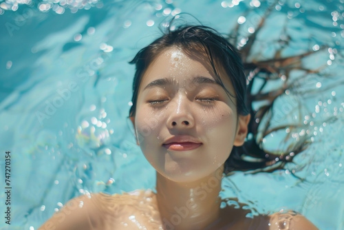 Young happy Asian woman relaxing with eyes closed in swimming pool © Kien