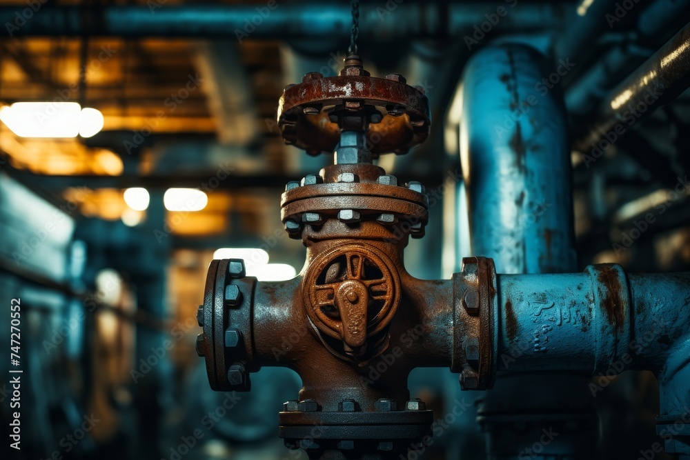 A Close-up Shot of a Rusty Valve Handle Amidst Aged Industrial Machinery Under Soft Lighting