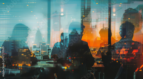 Abstract, boardroom or building background with double exposure effect for brainstorming, collaboration and business. Bokeh, lights and sunset cityscape wallpaper for corporate, marketing or teamwork photo