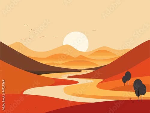 sunset in the desert in simple art © Nadula