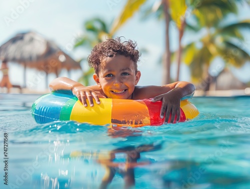 Child swimming in the pool on an inflatable ring