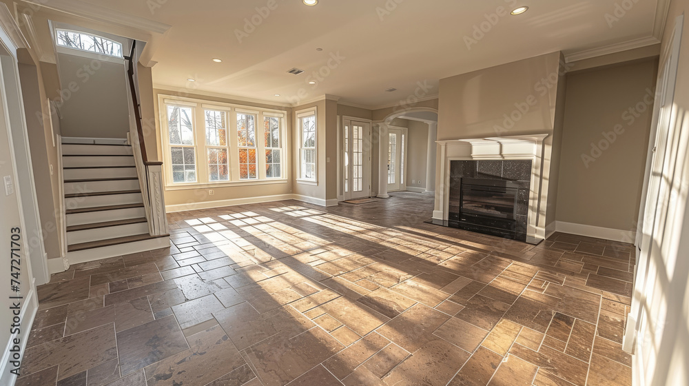Obraz premium Room, interior and windows with an empty space in a modern home or office during summer. Business, home and tiled floors in a luxury apartment for design, architecture or simplicity with beautiful vi