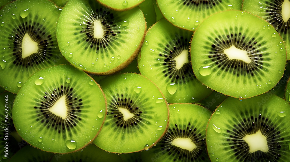 Green kiwi with small black seeds, cut into round slices Green kiwi with small black seeds, cut into round slices