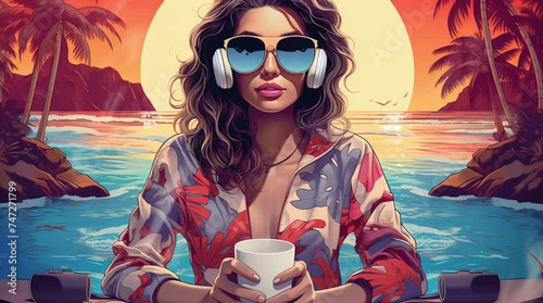 a girl wearing headphone and drink coffee while chilling at the beach lo-fi music illustration animation loop background