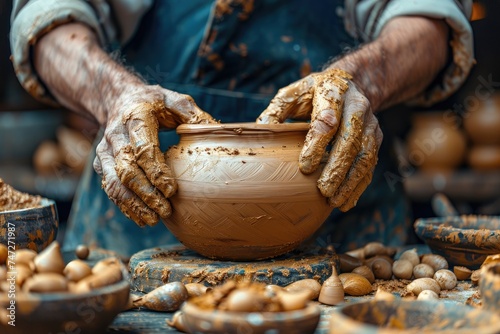 clay on potters table with hands forming clay pot professional photography