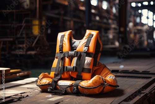 An Industrial Scene Featuring a Vibrant Orange Life Vest Suspended Against a Backdrop of Rusty Metal Structures