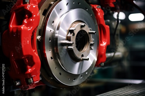 Detailed image of a red brake caliper in an illuminated industrial setting