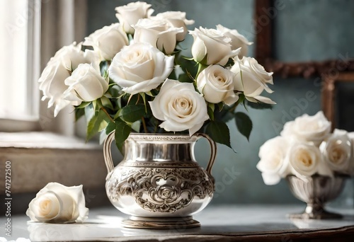 White roses in vintage vase.