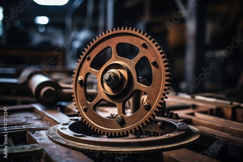 Detailed shot of an antique flywheel resting on a worn-out wooden surface amidst various industrial tools