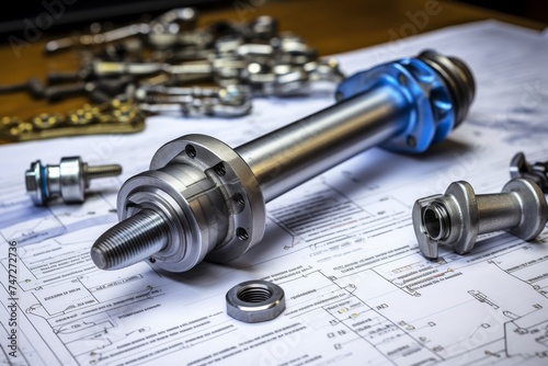 Detailed view of a tie rod end on a workbench with engineering tools and blueprints spread out