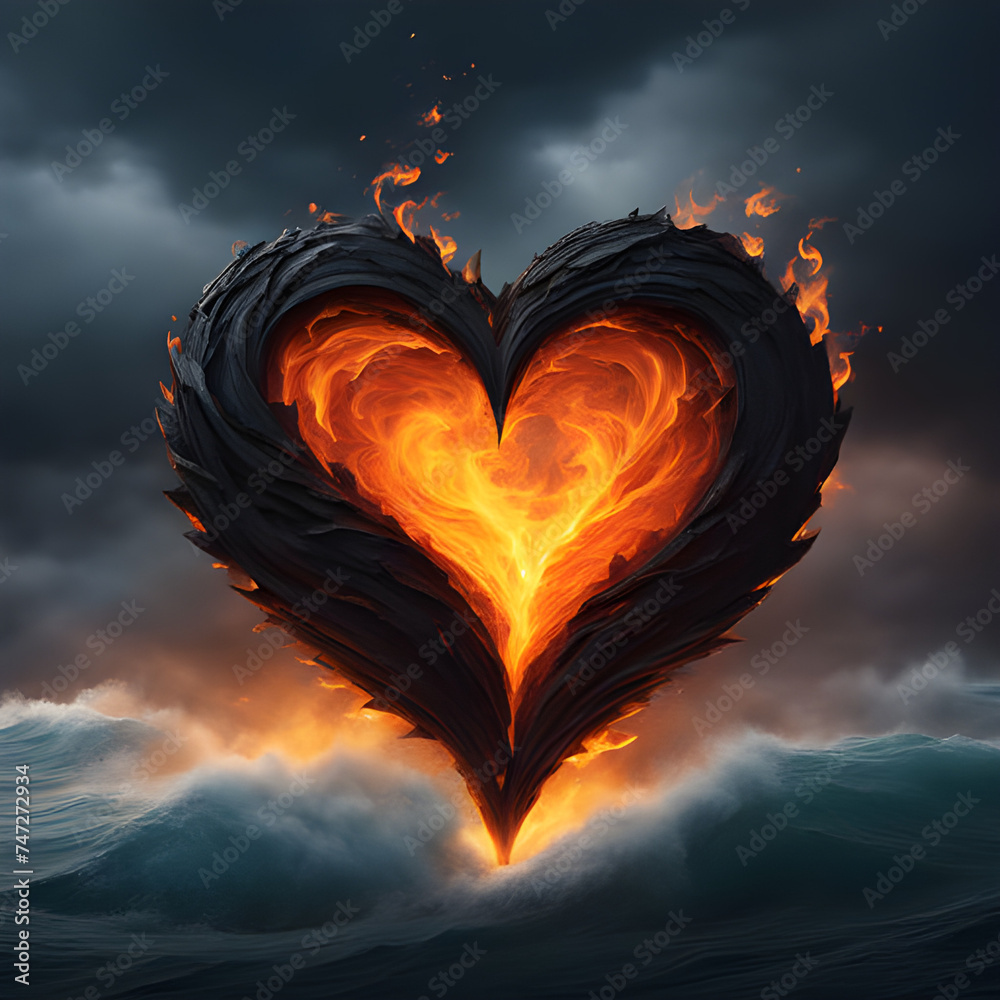 Burning heart, fantastic picture with sky and sea - obrazy, fototapety, plakaty 