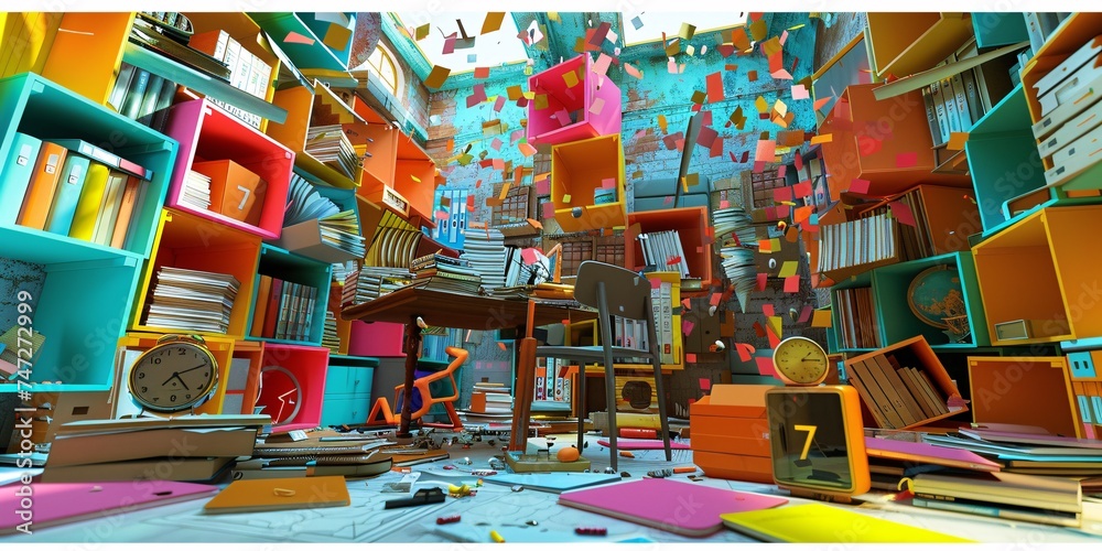 Disorganized Office A Cluttered Space with Books, Chairs, and Clocks Generative AI