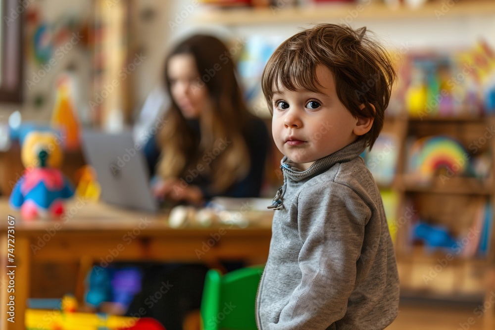 Little Boy in Gray Sweater Stands in Library Generative AI Little Boy in Gray Sweater Stands in Library Generative AI
